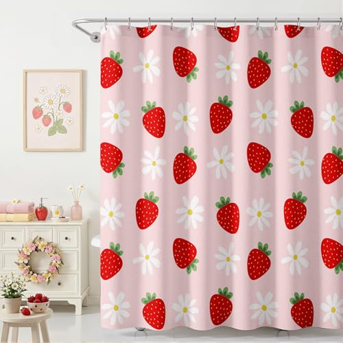 Lindameler Strawberry Shower Curtain for Bathroom, Cute Pink Fruit Floral Shower Curtain for Strawberry Bath Decor Waterproof Fabric Bath Curtain with 12 Hooks, 72 X 72 Inch