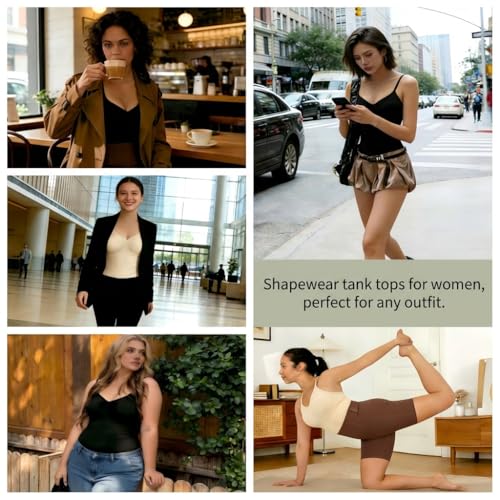 Image of ATTLADY Compression Tank Tops for Women, 2-Pack, High Shaping Scoop & V-Neck Cami, Shapewear Tummy Control Camisole