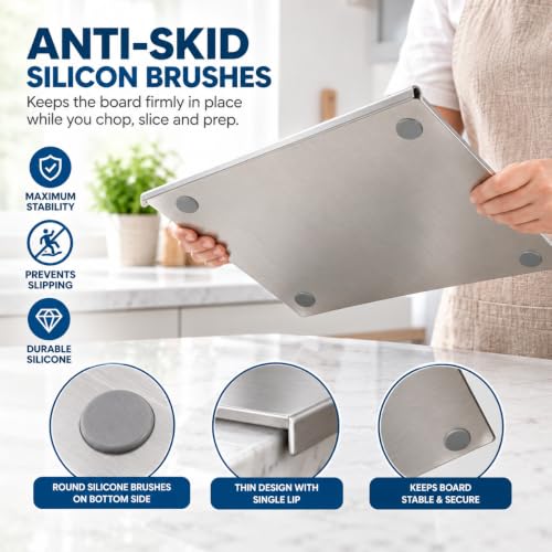 Image of True Decor Stainless Steel Chopping Board for Kitchen - Large Heavy Duty Cutting Board with Lipped Edge | Double-Sided Metal Vegetable Chopper Board | Rust-Proof Silver Countertop Board