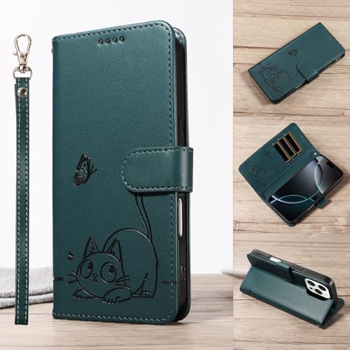 Ymyhyuxi Funda tipo cartera para iPhone SE (2022), funda de cuero con ranuras para tarjetas, bonito diseño de gato y mariposa en relieve, correa de muñeca azul.