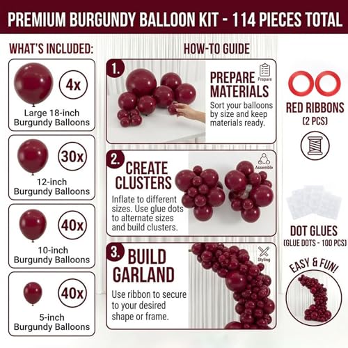 Image of Burgundy Balloons, 114pcs Different Sizes Matte Maroon Balloon Arch Kit, 18 /12 /10 /5Inch for Valentine's Day Anniversary Graduation Wedding Birthday Party Decor