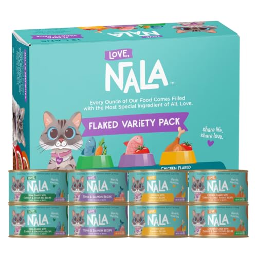 Image of LOVE, NALA - FLAKED Fish & Chicken Variety Pack - 24 Pack- Natural Adult Cat Wet Food - Grain Free, Non-GMO, Lean Protein, Omega 3, Digestive Fiber, Added Minerals & Vitamins