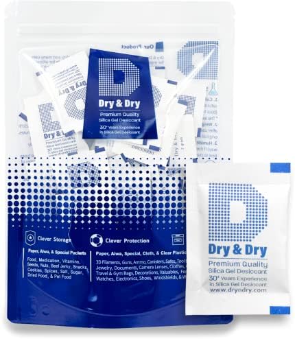 Dry & Dry 2 Gram [100 Packets] Silica Gel Packets Desiccants, Silica Packets - Rechargeable Moisture Absorbers for Food Storage, Electronics, 3D Filament & Safes