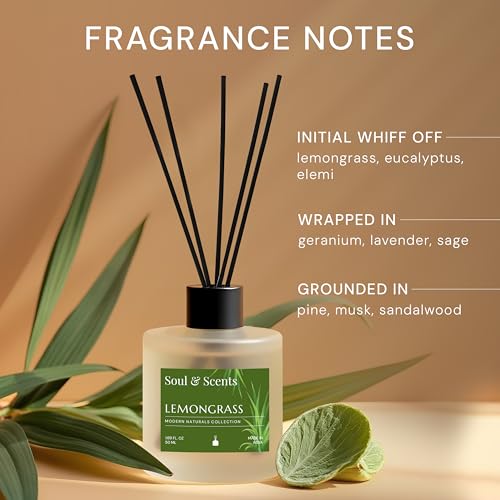 Image of Soul & Scents 50ml Lemongrass Reed Diffuser Set | A Fusion of Zesty Lemon & Lemongrass | Get 5 Rattan Reed Sticks | Smoke Less Room Freshener for Home, Bedroom, Living Room & Office