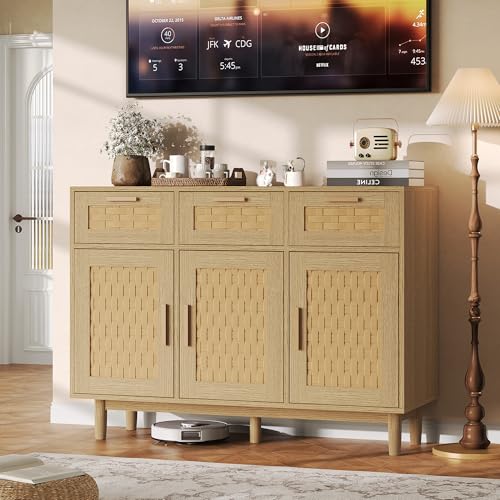 HFASD Aparador para salón, cómoda de ratán con 3 puertas y 3 cajones, armario buffet con encimera, armario de cocina, tiradores de metal, cómodas y aparadores para dormitorio, salón