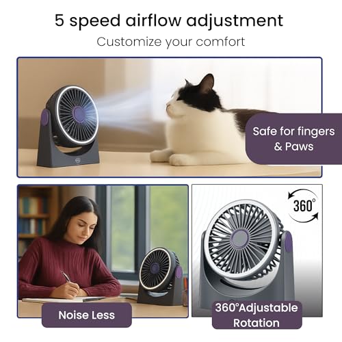 Image of OOGE Breeze 1000 Noise-Free Rechargeable Table Fan | 6 Inch Compact Design | 8 Ft Air Throw | ROHS Certified & Child Safe | Night Light | USB Charging | Portable Desk Fan for Home & Office (Grey)