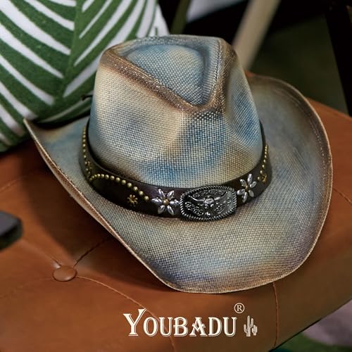 Image of YOUBADU Western Straw Cowboy and Cowgirl Hats with Decorative Bands - Unisex Wide Brim Raffia Style Sun Hat