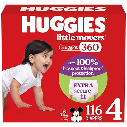 Image of Huggies Size 4 Baby Diapers, Little Movers HuggFit 360° Baby Diapers with 360° Waistband, Size 4 (22-37 lbs), 116 Count, Packaging May Vary