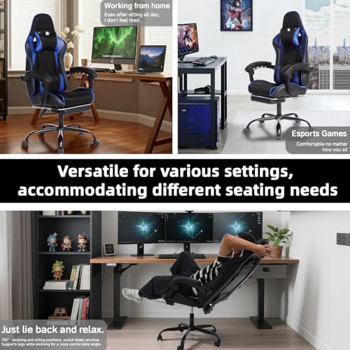 Image of Gaming Chair with Headrest and Lumbar Support, High Back Leather Computer Office Desk Chair with Footrest, 360 Swivel Height Adjustable Recliner Game Chair (Blue Black)