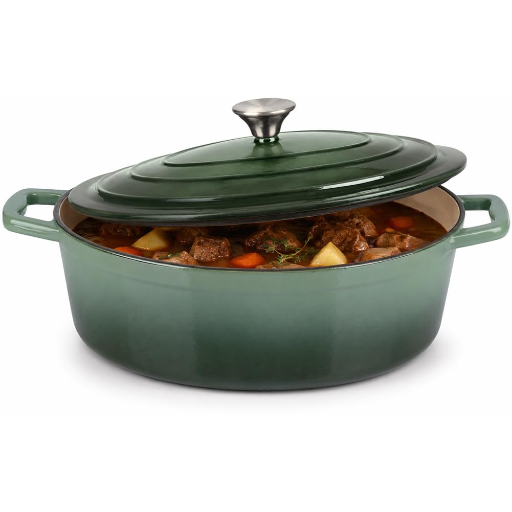 BAKAJI Casseruola Ovale in Ghisa Smaltata con Doppi Manici Ergonomici, Pentola Olandese Cocotte Ultra Resistente con Coperchio ad Alta Conservazione del Calore, per Stufati e Lunghe Cotture (Verde)