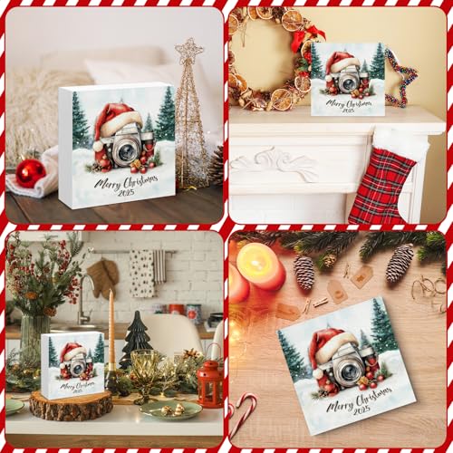 Image of Christmas Decor, Christmas Camera Wood Box Sign, Photographer Gifts Women Men, Farmhouse Xmas Home Office Decorations for Desk Table Shelf 5 X 5 Inches