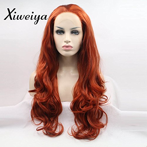 Xiweiya Peluca larga ondulada de cobre rojo sintético rosa encaje frontal peluca libre parte larga rojo peluca con fibra resistente al calor para mujeres arrastre queen 24 pulgadas