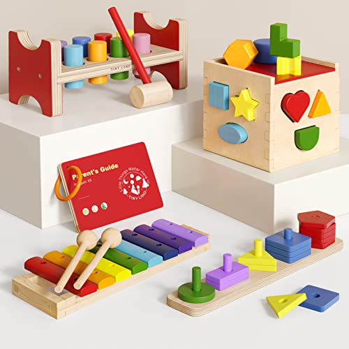 Image of Tiny Land Montessori Toys for 1 Year Old - 4 in 1 Wooden Fine Motor Skills Toy Set Include Stacking & Sorting, Xylophone and Hammer Toy, Gift for Boys and Girls Aged 12+ Months