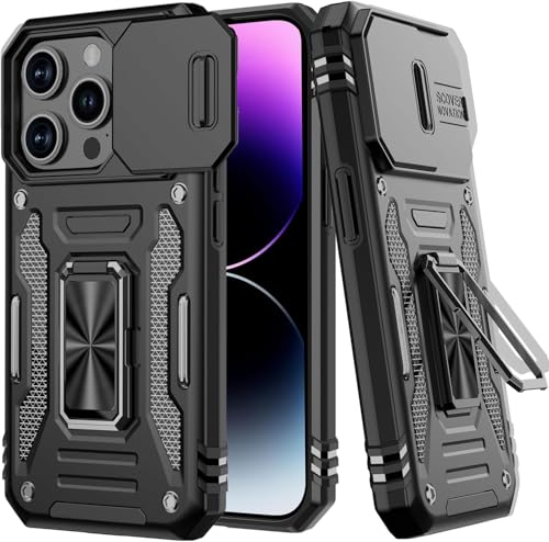 Image of Back Cover Case Compatible for Apple iPhone 15 Pro Max with Slide Camera Cover & Rotated Ring Kickstand | Military Grade Mobile Phone Cover Case for Apple iPhone 15 Pro Max (Black)