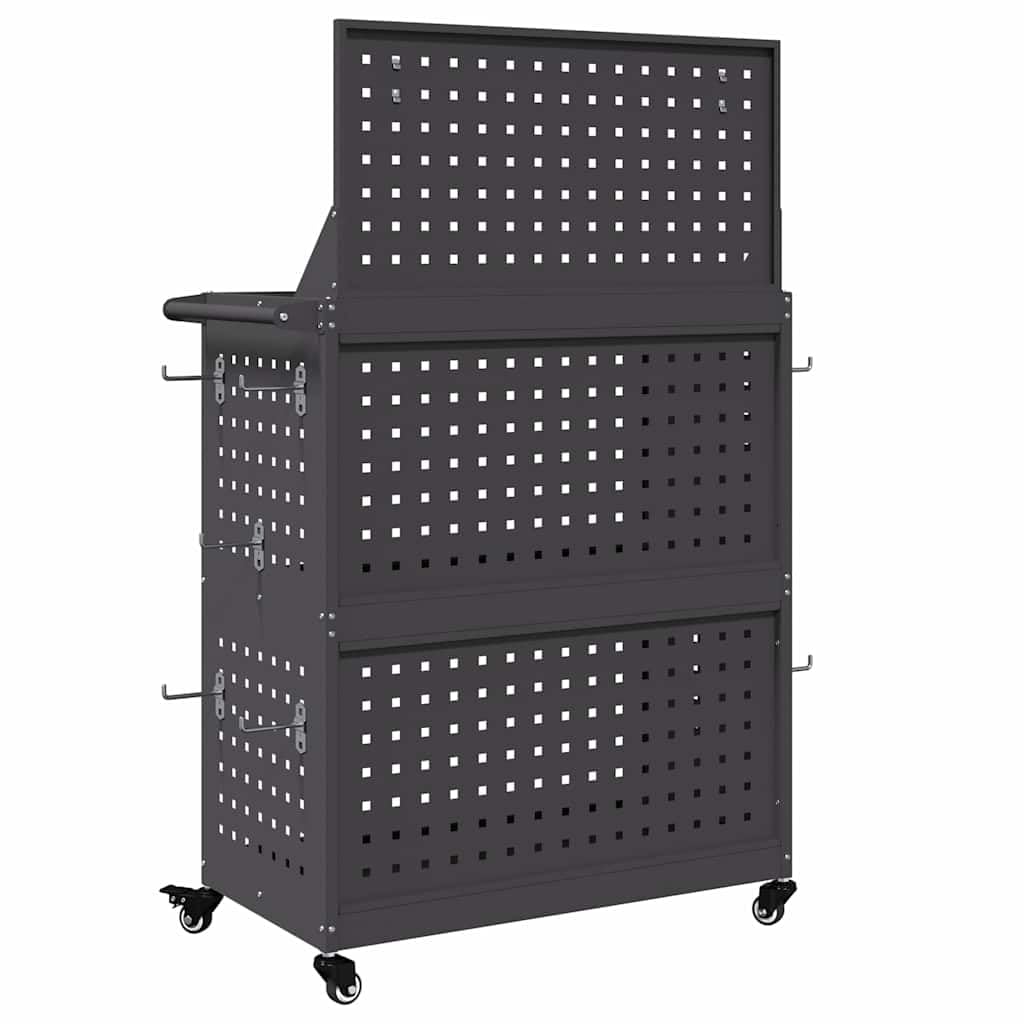 Carrello portautensili nero in acciaio laminato a freddo, 65 x 35 x 111 cm, con 12 ganci e 3 ripiani, carrello mobile per officina e garage, efficiente sistema di conservazione e