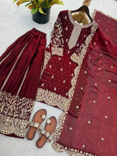 Image of Women's Casual Salwar Suit Pure Heavy Fendy Silk With Embroidery Sequence Work Full Sleeves Salwar Suit With Dupatta.Women's Ethnic Wear