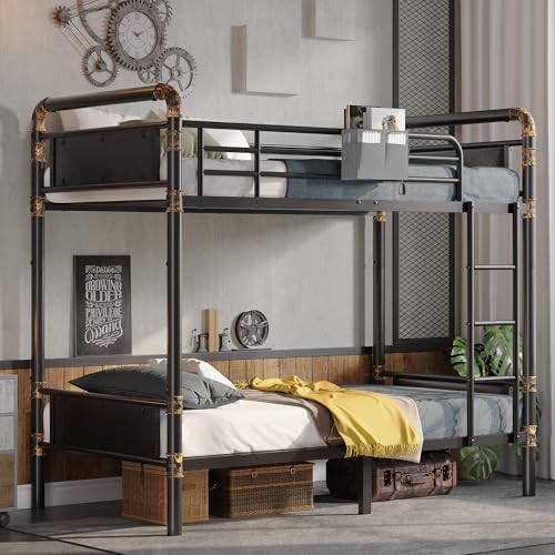 2 IN 1 Metal Bunk Bed Twin Over Twin, Convertible Twin Bunk Beds into 2 Individual Twin Size Bed for Kids Adults, 14.8' High Guard Rail,Space-Saving No Box Spring Needed Easy Assembly (Black)