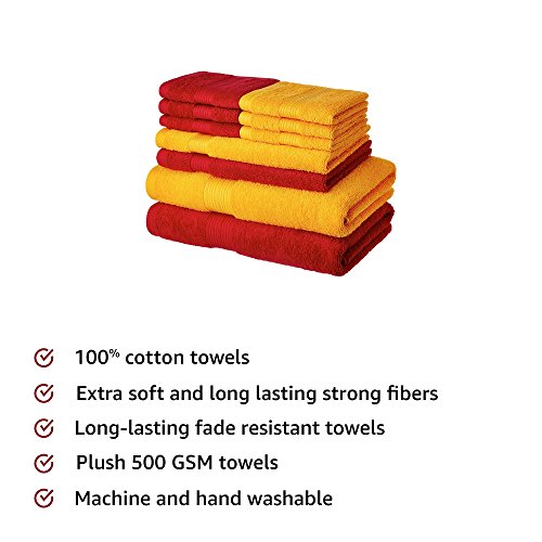 Image of Amazon Brand - Solimo 100% Cotton 10 Piece Towel Set, 500 GSM (Spanish Red and Sunshine Yellow)