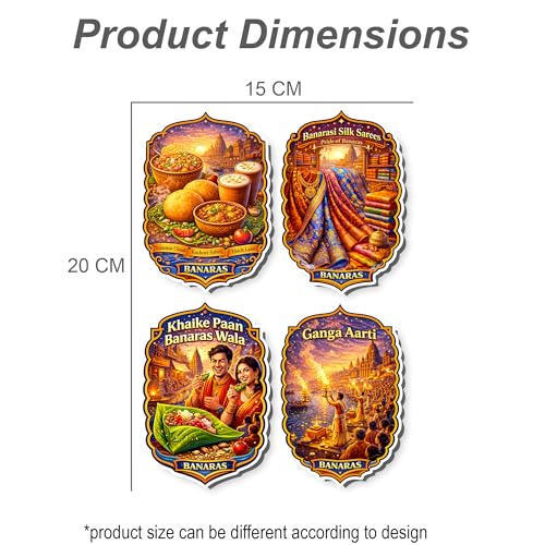 Image of Regalo Casila Banaras Tourism Souvenir Wooden Fridge Magnet Set of 4 Banarasi Food Silk Sarees Khaike Paan Ganga Aarti Refrigerator Magnets
