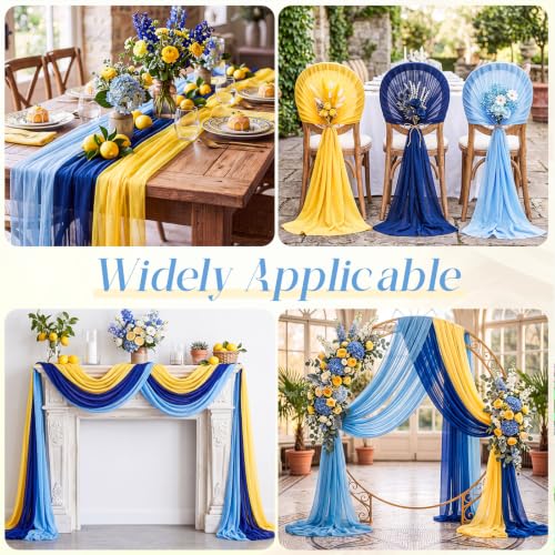Image of Amalfi Coast Wedding Arch Draping Fabric 3 Panels Blue Yellow Lemon Drapes 2.46 x 20ft Sheer Chiffon Fabric Backdrop for Wedding Ceremony Birthday Party Bridal Shower Decoration