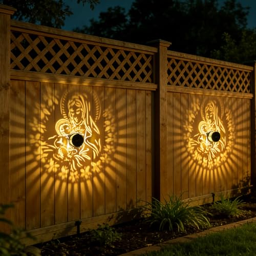 Image of Religious Outdoor Decor Virgin Mary Solar Fence Light for Christian Garden | Decorative solar lights with projection patterns, waterproof metal decor for fence, wall, deck, patio and yard gifts.