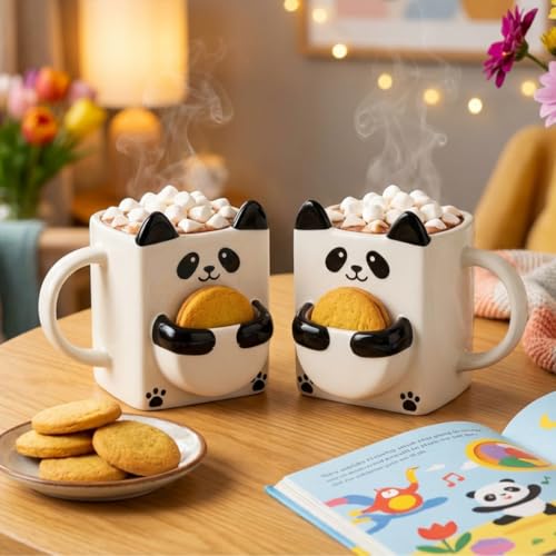 Image of Ceramic Panda Mug Set of 2 with 3D Cookie Biscuit Tea Bag Holder |Coffee Mug Pair | Cute Panda Cup Set | Tea Mug Gift for Couples Best Friends | 240 ml Each | Microwave & Dishwasher Safe