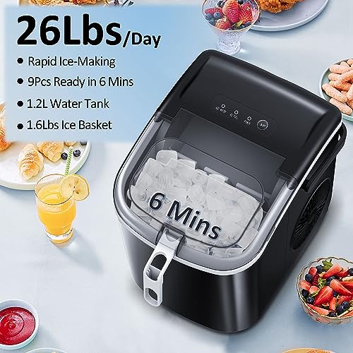 Antarctic Star Countertop Ice Maker Portable Ice Machine, Basket Handle,Self-Cleaning Ice Makers, 26Lbs/24H, 9 Ice Cubes Ready in 6 Mins, for Home Kitchen Bar Party (Black) - Thumbnail 3