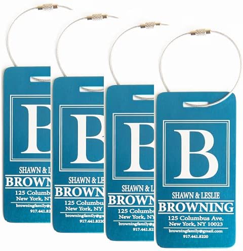 Personalized Luggage Tags (Set of 4, Aqua) - Metal Luggage Tags with Engraved Name, Unique Travel Bag Tags for Luggage, Can Also Be Suitcase Tags - Stocking Stuffers - Browning Design