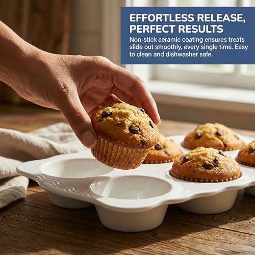 Image of Hiceeden 2 Pack Ceramic Muffin Pans, 6 Cups Non-stick Muffin Tin Cupcake Baking Pans with Handles for Muffin Cakes, Egg Tarts, Mousse, Pot Pie, Jelly