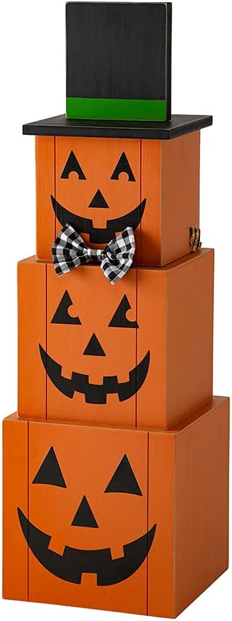 Glizthome 36" H Wooden Double Sided Jack-O-Lantern/Scarecrow Porch Decor Wooden Decorative Nesting Block Set Porch Sign 3 Nesting Boxes with Lids for Halloween and Fall Decorations