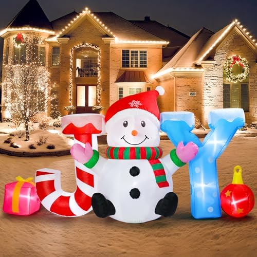 Vigdur 8FT Snowman Christmas Inflatable, Christmas Inflatable Joy and Snowman Blow Up with Built-in LED Lights, Outdoor Xmas Decoration for Yard, Lawn, Garden, Holiday Party & Home Décor