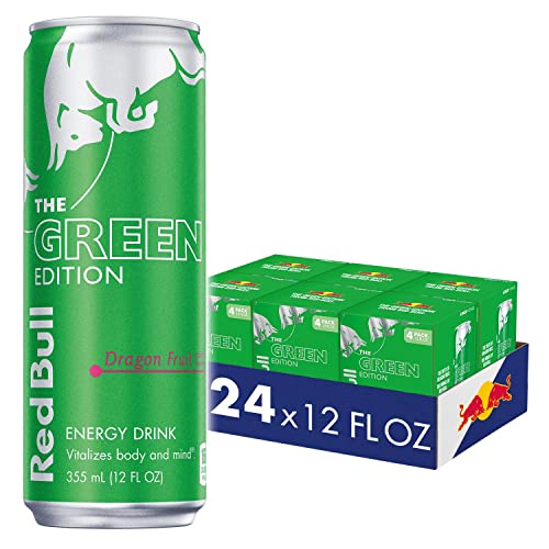 Image of Red Bull Green Edition Energy Drink, Dragon Fruit, with 114mg Caffeine plus Taurine & B Vitamins, 12 Fl Oz, 6 Packs of 4 Cans (Pack of 24)