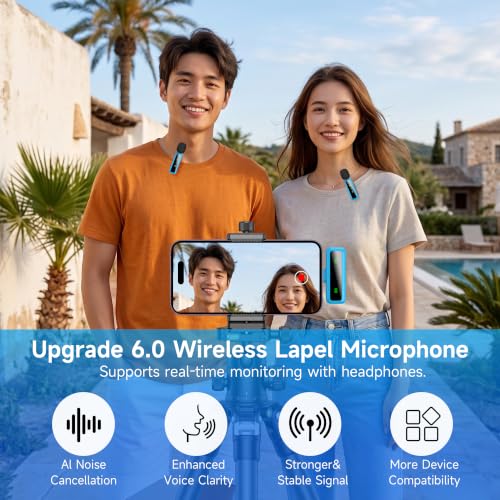 Image of Wireless Lavalier Microphone for iPhone - iPad, Android Phone Computer, Mini Microphone for Live Streaming, Video Recording, Outdoor or Indoor Interviews, YouTube, TikTok, Vlog (Blue)