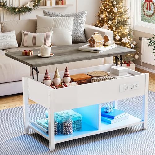 YITAHOME Couchtisch mit Anhebbarer Platte, Leicht Anzuheben, 2-Stufiger Stauraum, Höhenverstellbarer Couchtisch mit Verstecktem Staufach und LED Beleuchtung für Wohnzimmer, Büro, Weiß&Grau YITAHOME Couchtisch mit Anhebbarer Platte, Leicht Anzuheben, 2-Stufiger Stauraum, Höhenverstellbarer Couchtisch mit Verstecktem Staufach und LED Beleuchtung für Wohnzimmer, Büro, Weiß&Grau