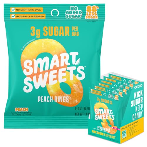 SmartSweets Peach Rings, Low Sugar Gummy Candy (3g), Low Calorie (130), Gluten-Free -1.8oz (Pack of 6) Packaging may vary