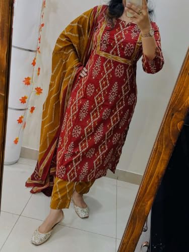 Image of ANNI Designer Women Kurta Set with Dupatta | Cotton Printed Straight Kurta Pant Dupatta Set | 3 Piece Kurti Set for Women | 3 /4 Sleeve Round Neck Cotton Suit for Daily Office Party Wedding