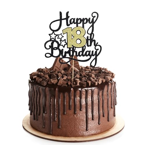 18th Happy Birthday Cake Topper Black Gold Glitter Happy 18 Cake Topper Birthday Themed Party Decor for Girls Boys Black Gold Glitter Cakes Decorations Cheers to 18 Years Birthdays Cakes Topper