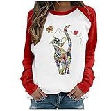 Blusa y Blusas, Camisas de Manga Larga raglán con Estampado de Gatos Casuales para Mujeres Blusas Blusas, Ropa para Mujeres (3XL Rojo)