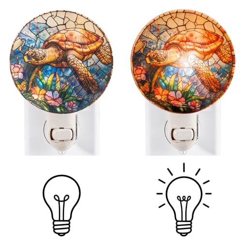 Image of Coastal Sea Turtle Night Light - Stained Glass Styled Plug-in Wall Light, Real Glass Ocean Theme Night Lamp for Bathroom, Bedroom, Hallway, Beach House Decor
