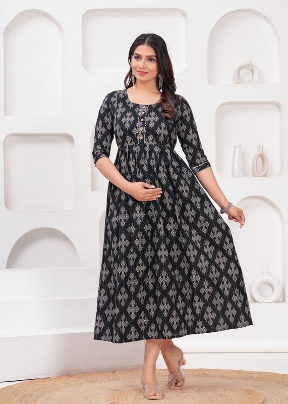 Image of Maternity Feeding Kurti with Zipper | Cotton Floral Printed Pregnancy & Nursing Dress | Comfortable & Stylish Maternity Wear for Women | Breastfeeding Kurta with Zipper | Soft & Elegant