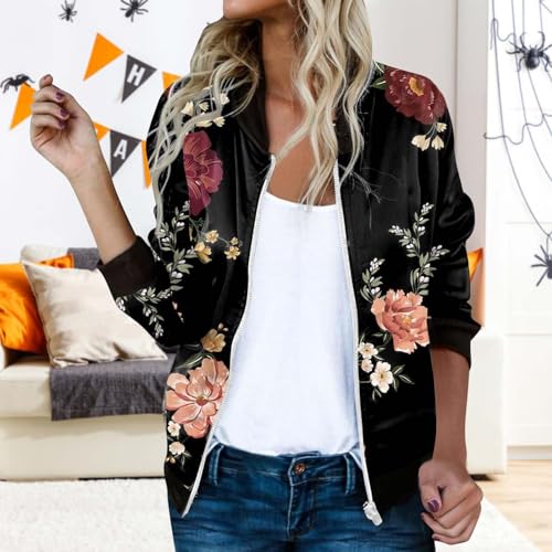 Womens Bomber Jacket 2025 Long Sleeve Zip Up Floral Outerwear Trendy Lightweight Fall Coats With Pockets2