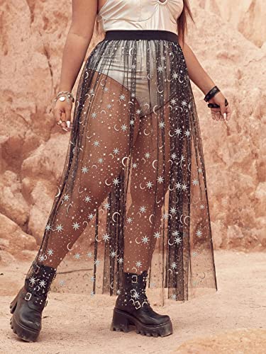 Floerns Women's Plus Size Glitter Star Print Sheer Mesh Flare Hem Maxi Skirt2