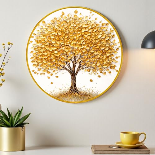 Image of Golden Tree of Life Round Wall Art Painting With Frame For Living Room | Vastu-Inspired Prosperity Decor Framed Painting | Elegant Round Wall Hanging for Home, Office & Gifting, 12 Inch