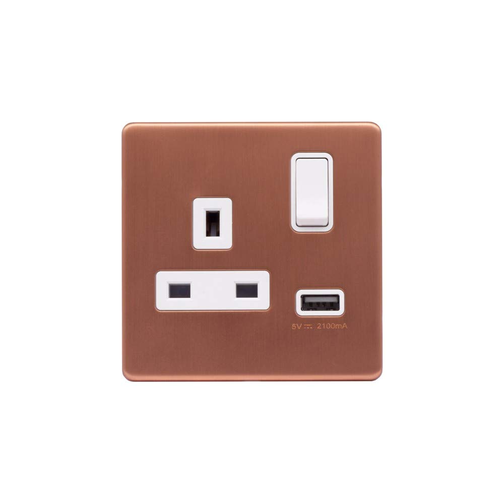 Lieber White Brushed Copper 13A 1 Gang Switched Plug Socket (3.1A) Usb Outlet - Insert Screwless