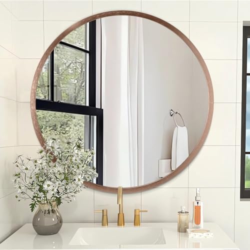 Image of Round Bathroom Mirror Circle Aluminum Alloy Wall Mirrors with Simple Metal Tempered Glass Frame Modern Round Hanging Mirror for Bathroom Hallway Room Living Purple Frame