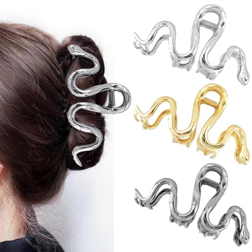3Pcs Halloween Metal Snake Design Gothic Hair Claw Clip for Womens Hair Accessory Strong Hold Grip Barrette for Styling Party Decorations(Black Gold and Sliver)