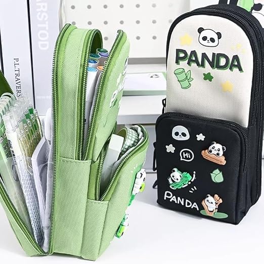 Image of Invite Enterprise Three Layer School Bag-Shaped Pencil Pouch, Large-Capacity Pencil Pouch with Zipper, Multipurpose Pen & Pencil Case for School Supplies for Boys & Girls (Panda - Black)