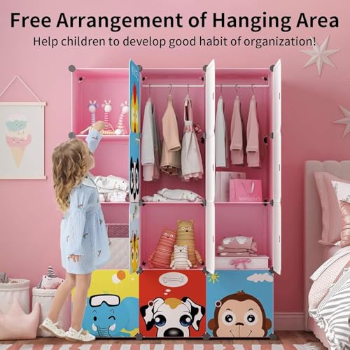 Image of EXVITO Kids Plastic Wardrobe - 12 Door Foldable Almirah for Clothes with Hanging Rod, Collapsible Wardrobe Cartoon Print Cupboard for Baby & Kids Room - KTH2