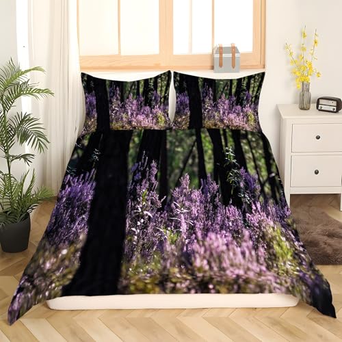 Housse de couette 200x200 fleurs lavande avec 2 taies d'oreiller