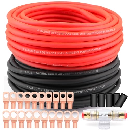 AWG 8 Gauge Wire Cable (50ft Each - Black/Red) Copper Clad Aluminum CCA with 8ga terminals,60A ANL Fuse Block and Heat Shrink Tube for Audio Speaker,Power Inverter Amp Wiring kit